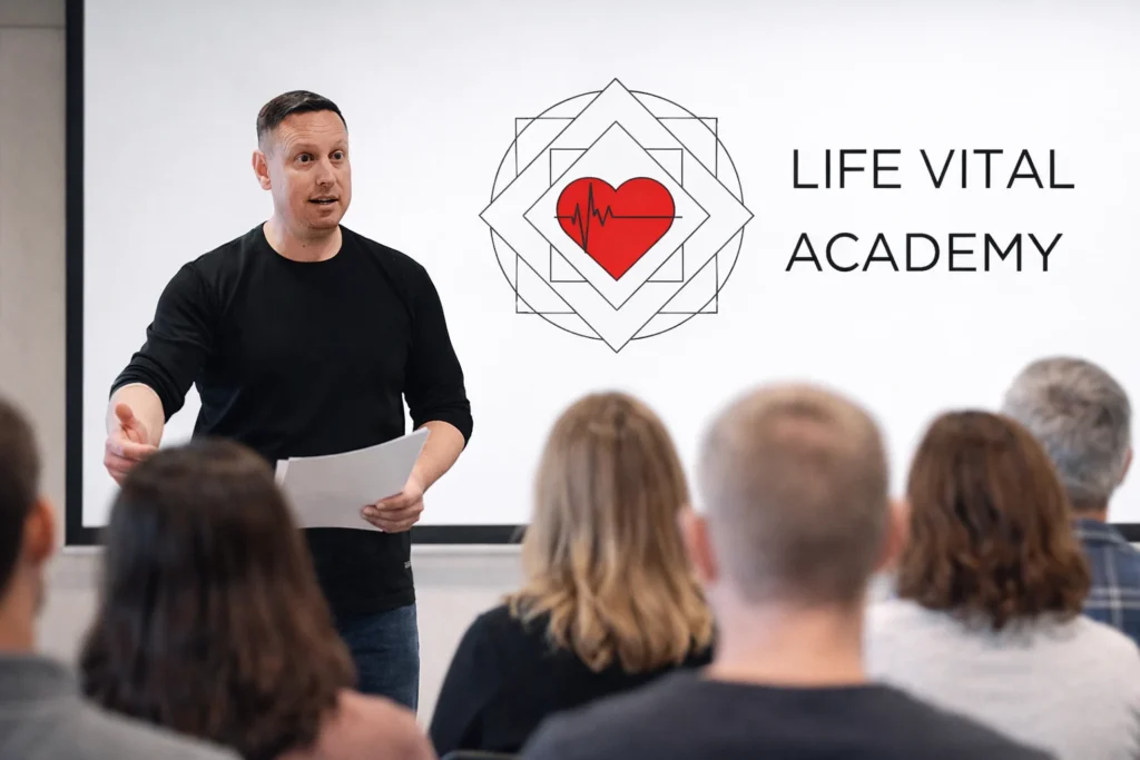 Geoff Benning, stood in front of a class of students talking to them. Geoff is holding a piece of paper in his left hand and gesturing with his right. Behind him is a TV screen showing the Life Vital Academy logo.