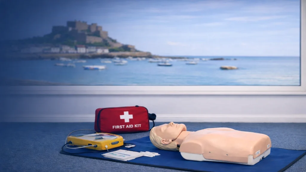 First aid training equipment and CPR manikin setup in a Jersey-based classroom environment